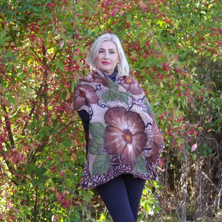 Handmade Nuno Felted Silk Scarf – Lightweight Floral Design