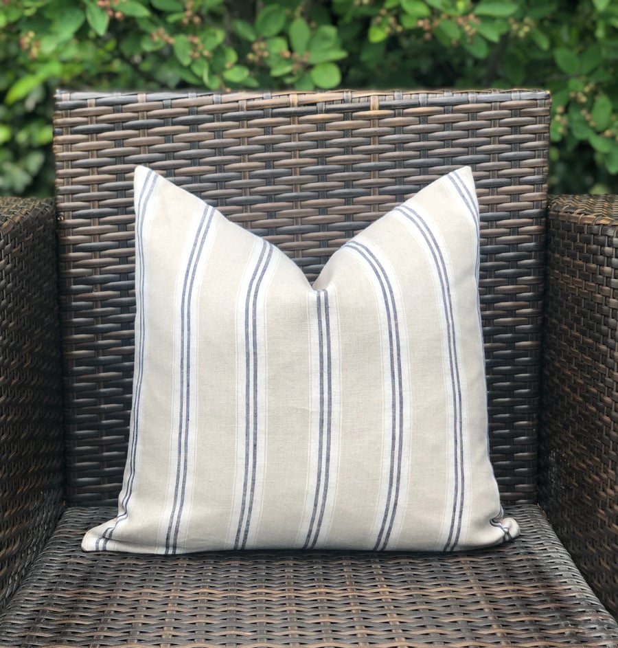 Striped Linen Cushion Cover with Indigo and Off White Stripes 18” x 18”