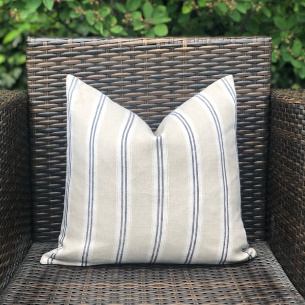 Striped Linen Cushion Cover with Indigo and Off White Stripes 18” x 18”