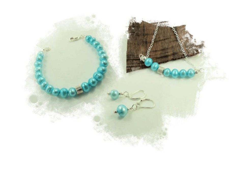 Aqua Pearl Jewellery Set, Sterling Silver, Necklace, Bracelet & Earrings
