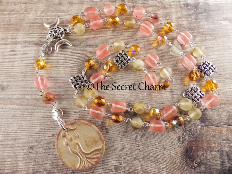 Triple Moon Goddess Selene Gemstone Rosary Necklace