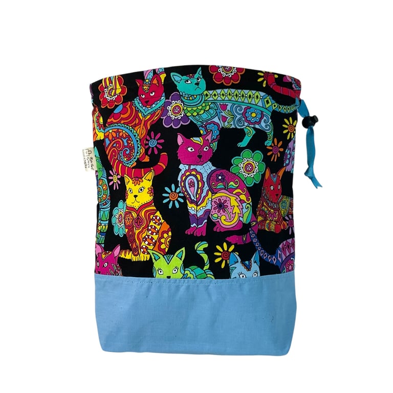 two at a time knitting bag with cats, sock sack, drawstring divided pouch, 