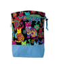 two at a time knitting bag with cats, sock sack, drawstring divided pouch, 