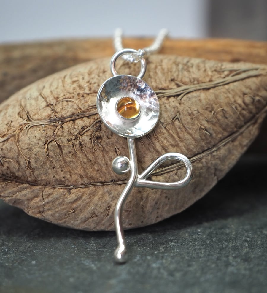 Flower necklace, silver citrine pendant, citrine jewellery