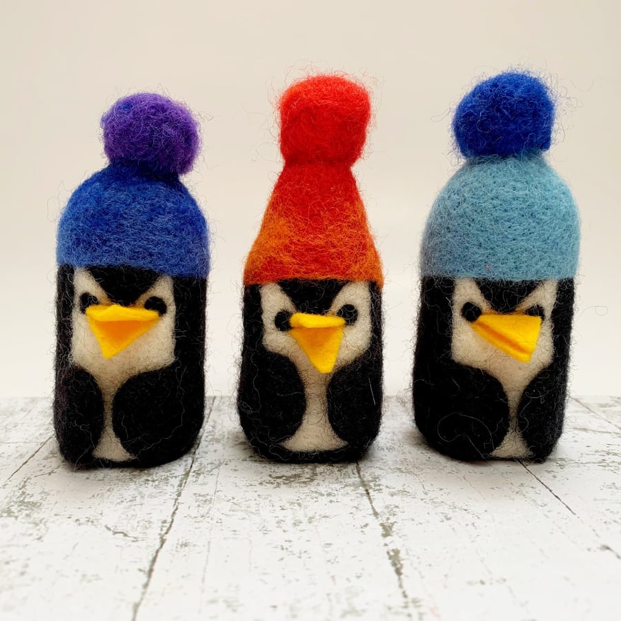 (Purple & Blue Hat) Needlefelted Penguin in Bobble Hat