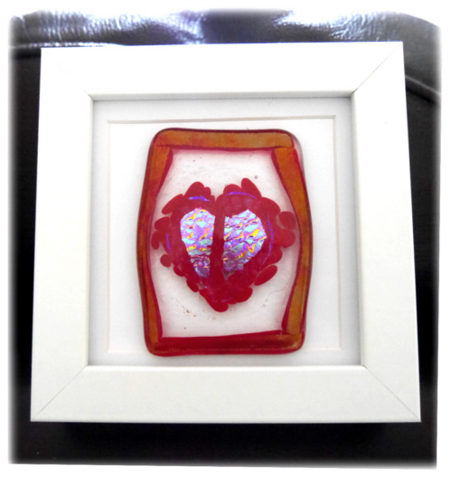  Fused Glass Heart Dichroic Picture Box framed Red 003