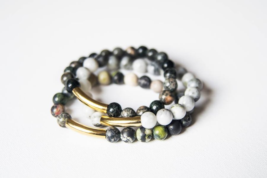 READY TO SHIP Set of 3 jasper bead bracelets with gold accents layering pieces
