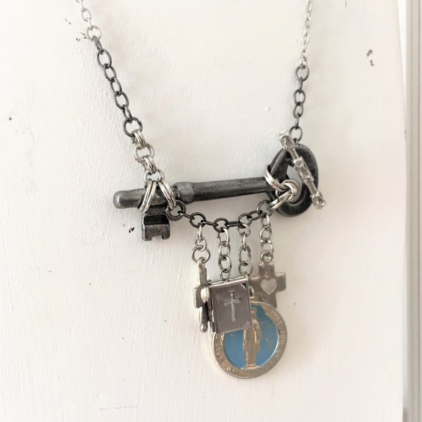 Up-cycled vintage key with vintage bible locket and Virgin Mary Charm necklace