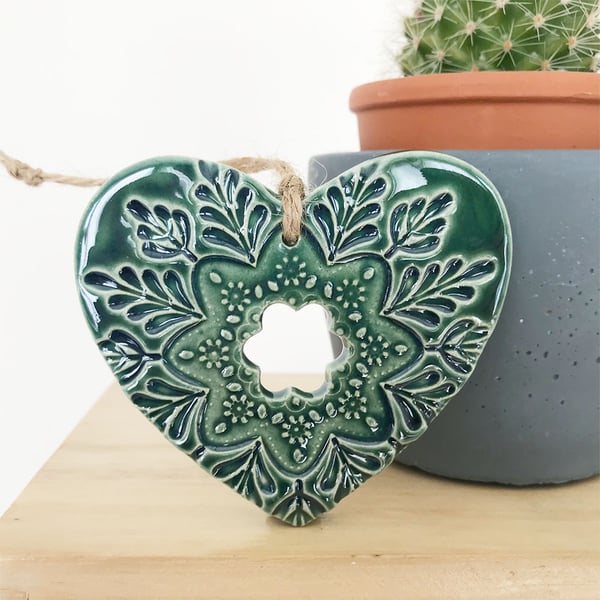 Ceramic heart hanging decoration Pottery Heart Folk art love heart green