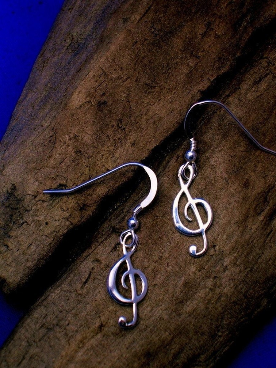 Silver Treble Clef Earrings, Sterling Silver Music Note Earrings.