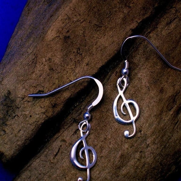 Silver Treble Clef Earrings, Sterling Silver Music Note Earrings.