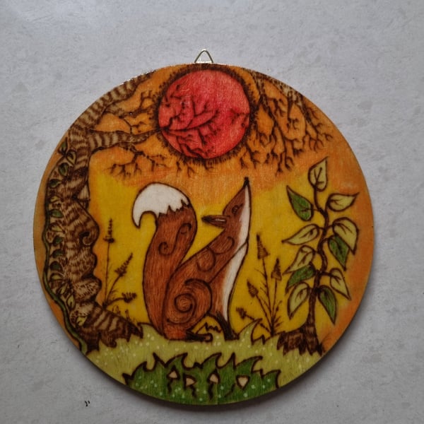 Fox at sunset with trees mushrooms wood burning art, hand painted art 18cm