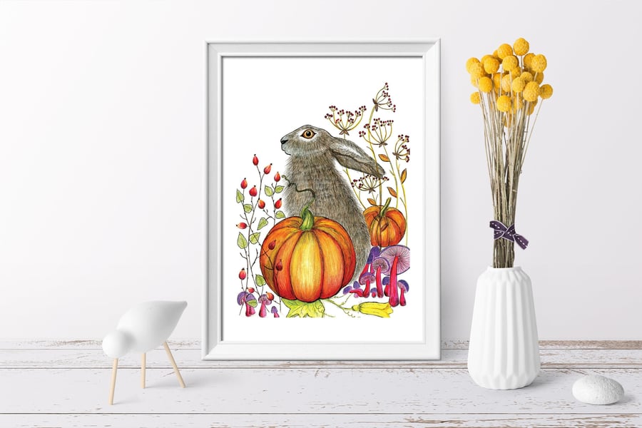 Hare wall art, Hares, Woodland animal print,A4 Art Print,Home Decor, Autumn wall
