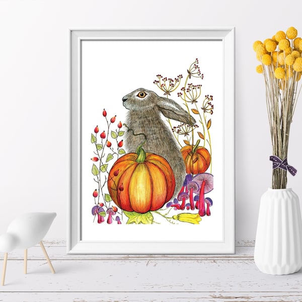 Hare wall art, Hares, Woodland animal print,A4 Art Print,Home Decor, Autumn wall