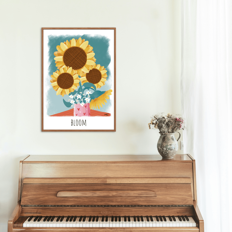 Sunflower illustration print with pink jug - vibrant wall art for your home
