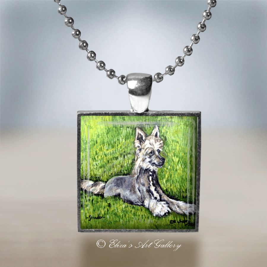 Silver Plated Chinese Crested Dog Art Pendant Necklace