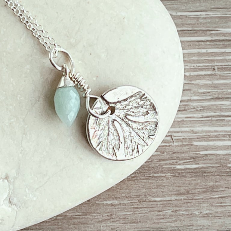 Botanical silver pendant with leaf design and amazonite charm
