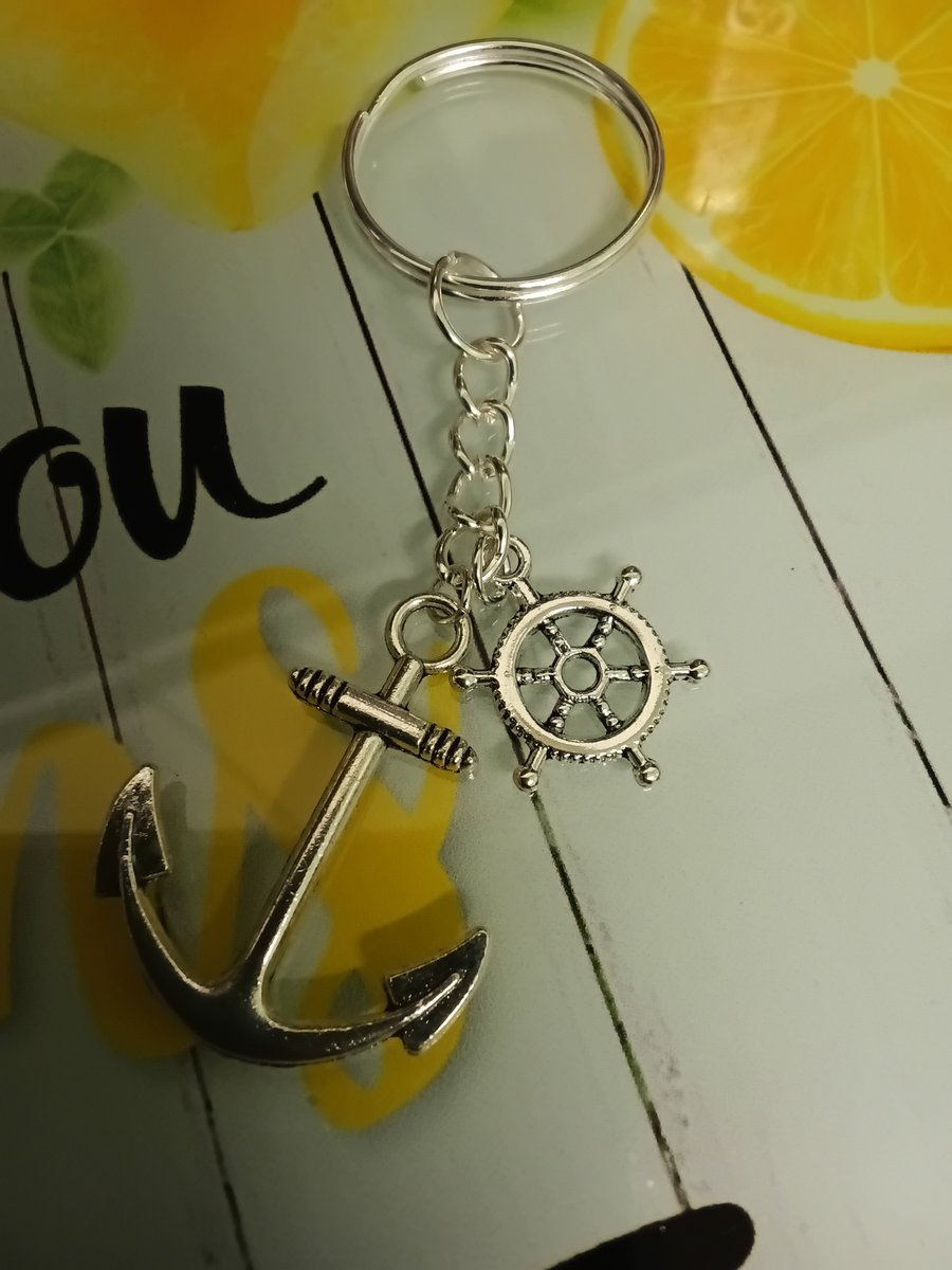 Silver ships wheel & anchor charms  keyring, very nautical! Cute gift