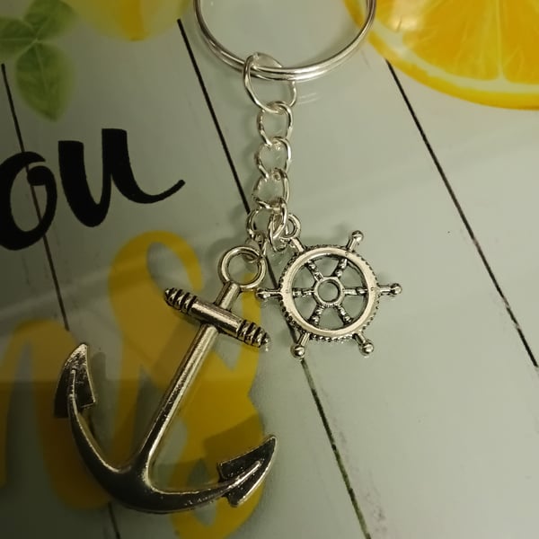 Silver ships wheel & anchor charms  keyring, very nautical! Cute gift