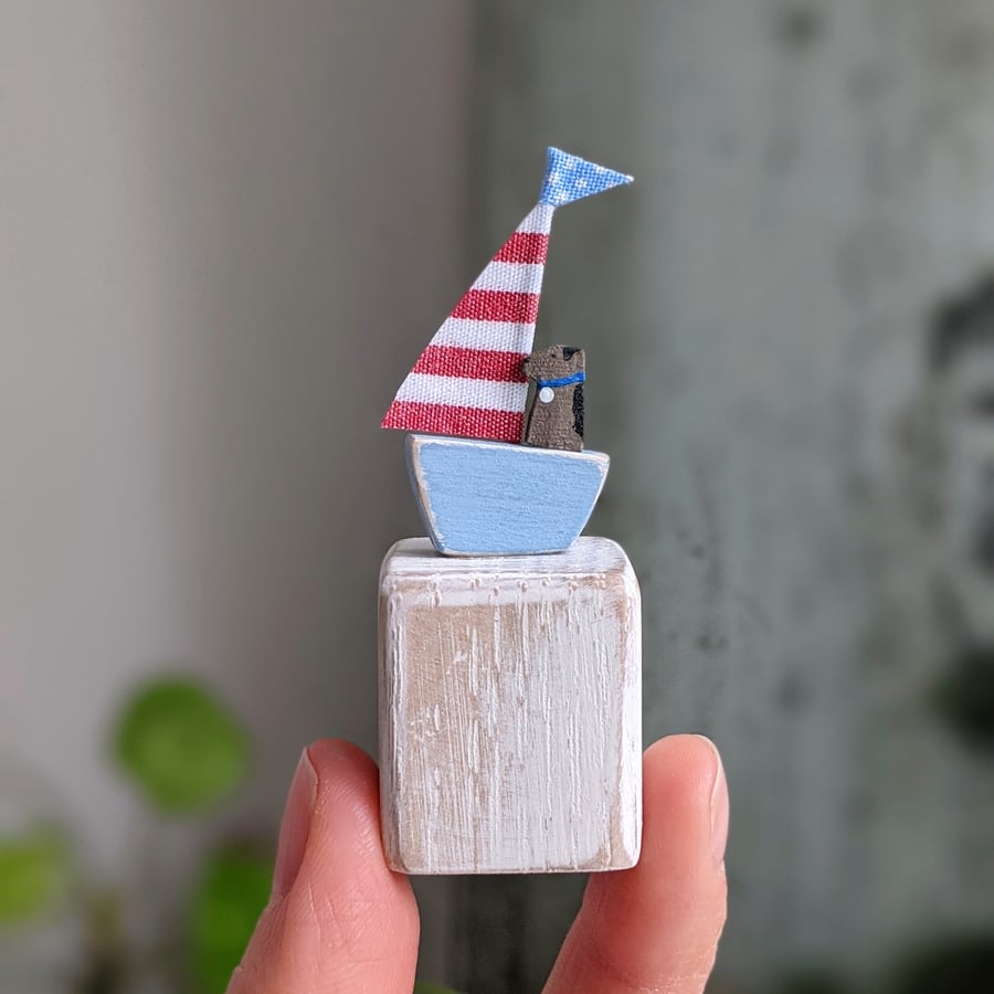 Tiny Wooden Nautical Ornament, Red and White Stripe Sail and Pale Blue Boat