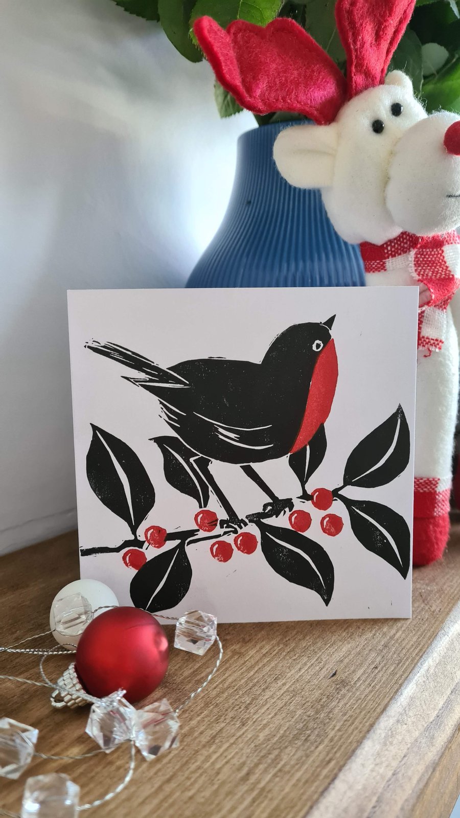 Robin Christmas card linocut handprinted