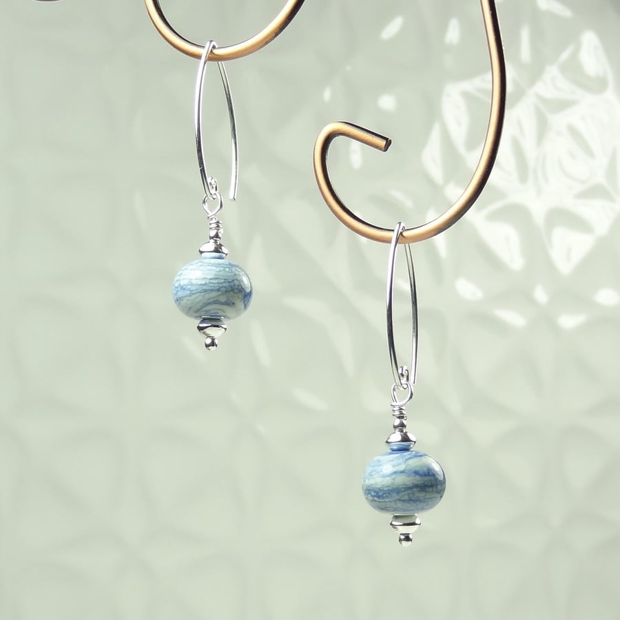 Blue & white lampwork glass drop earrings, sterling silver, handcrafted, artisan
