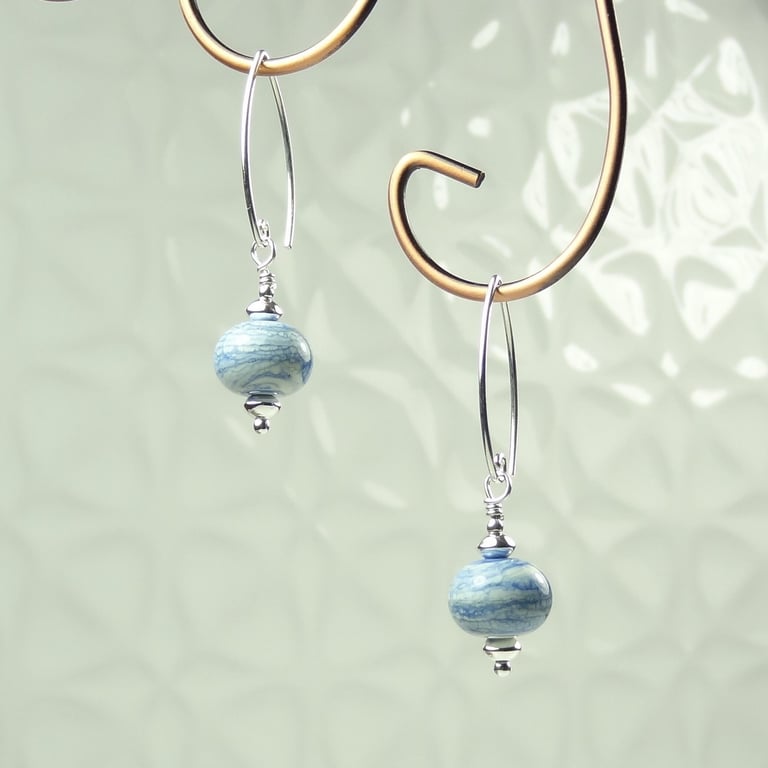 Blue & white lampwork glass drop earrings, sterling silver, handcrafted, artisan
