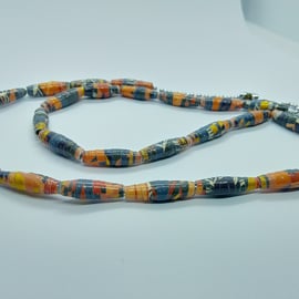 Handmade peach, slate grey and gold coloured varnished paper bead necklace