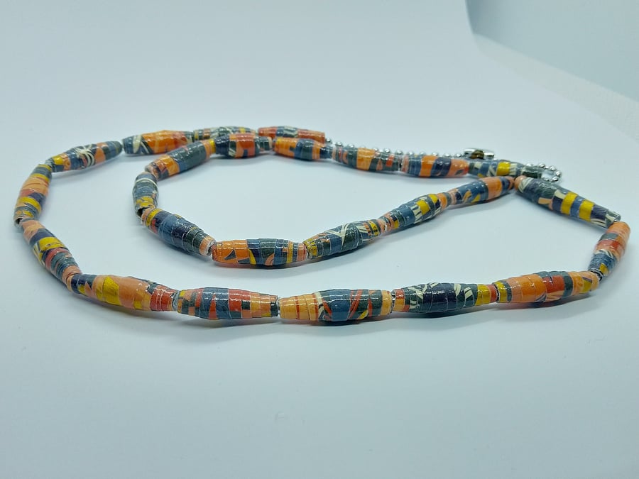 Handmade peach, slate grey and gold coloured varnished paper bead necklace