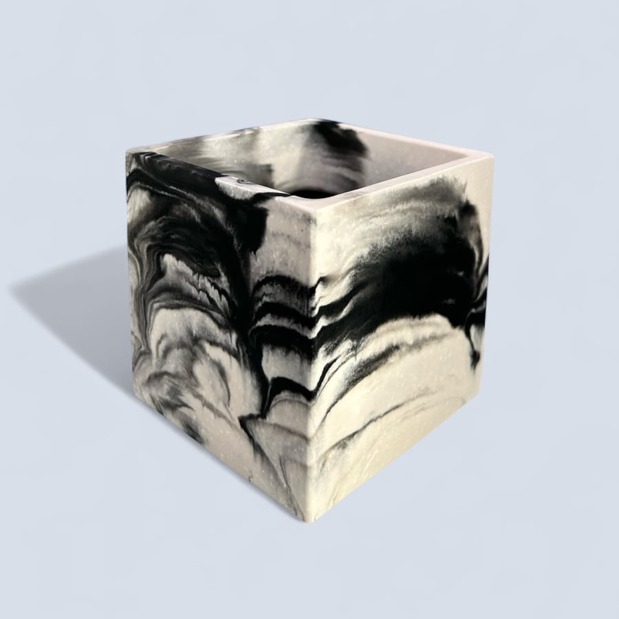 Plant Pot Cube - Unique White with Black Marbling Square Planter