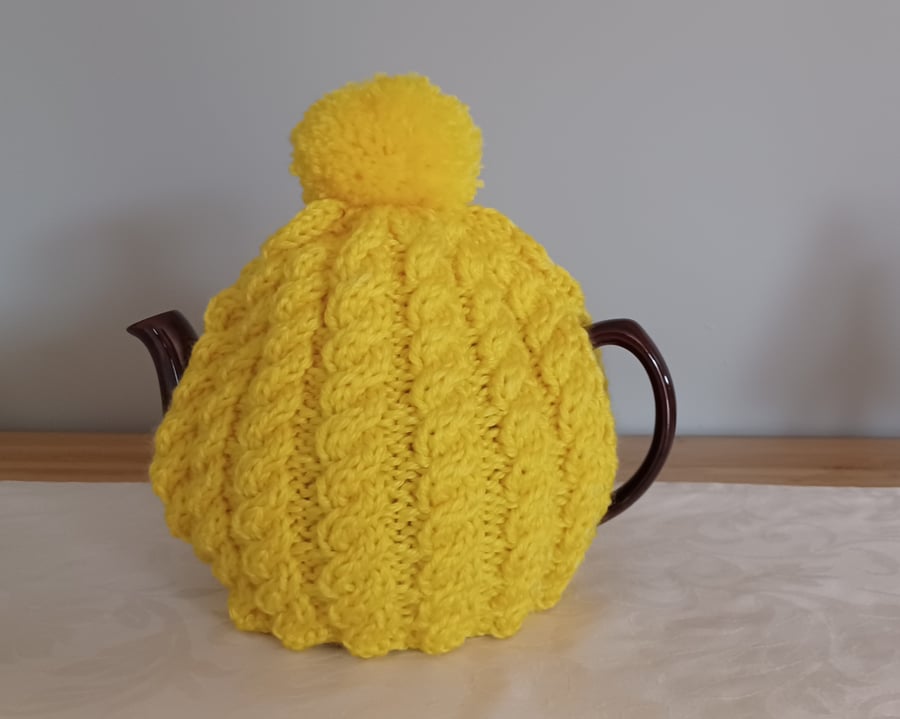 Sunshine Yellow Tea Cosy With Cables And Bobble