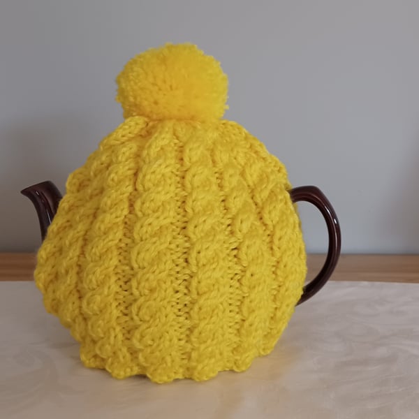 Sunshine Yellow Tea Cosy With Cables And Bobble