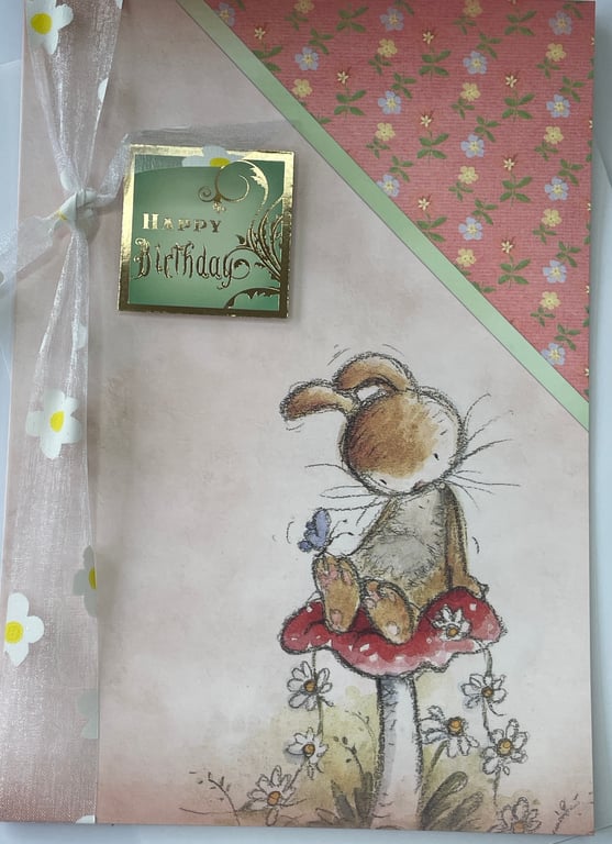 Cutest bunny on a toadstool Happy Birthday card