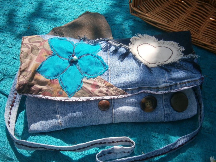 SALE Stone-Wash Denim  Patchwork 'Upcycled' Shabby Chic Boho Bag LARGE