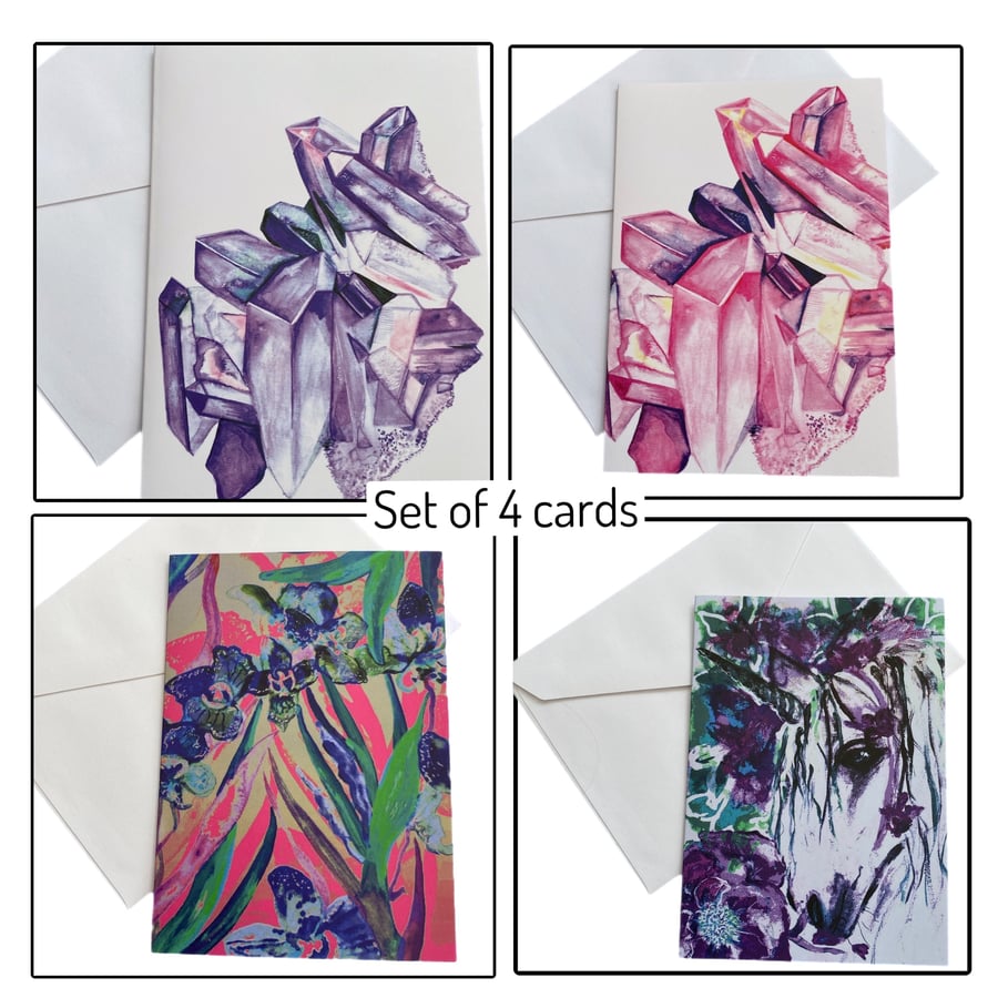 Set of 4 Illustrated Blank Greetings Cards 