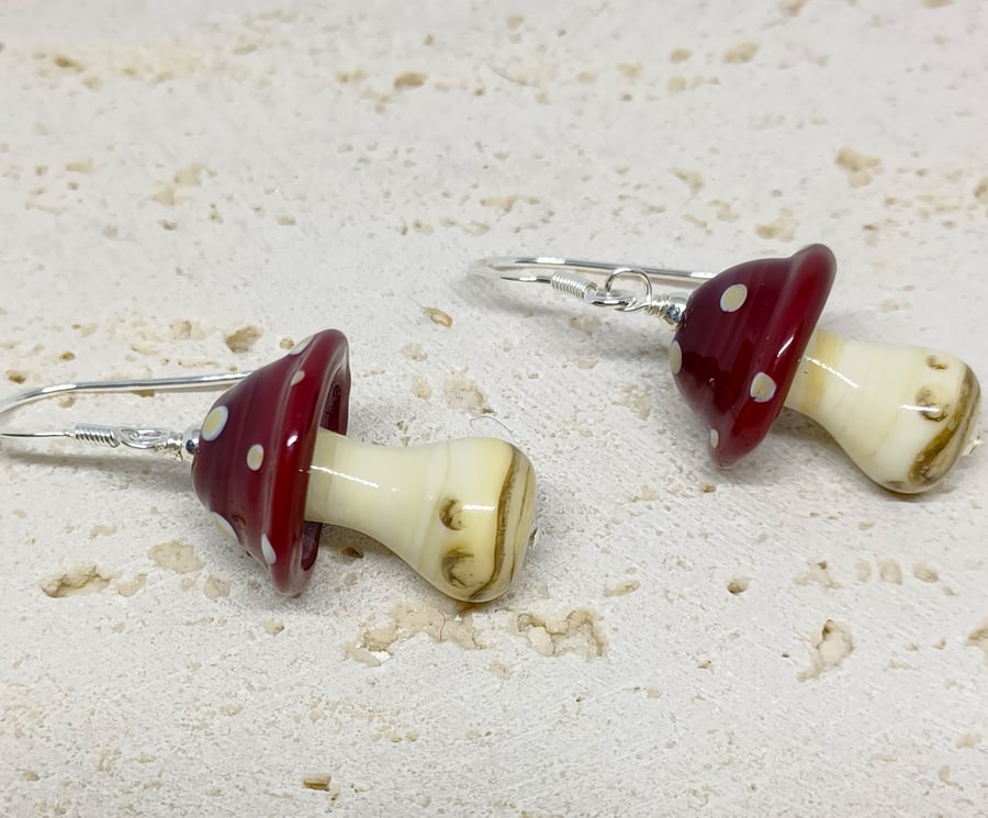 Handmade Lampwork Glass Mushroom Earrings, Sterling Silver Earrings, Toadstool J