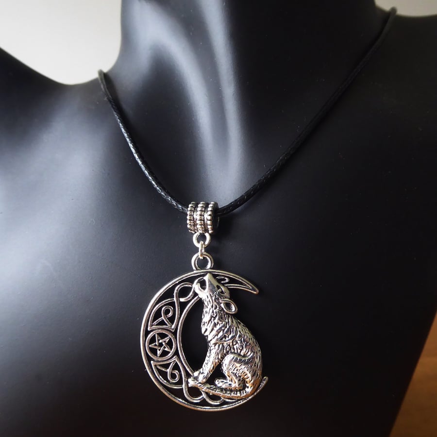 Moon and Wolf Pendant Necklace on Black Adjustable Cord