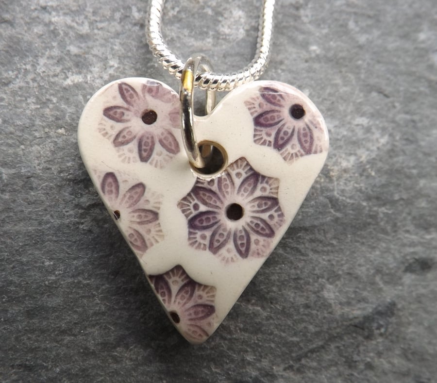 Handmade Ceramic Flower Heart Pendant in purple