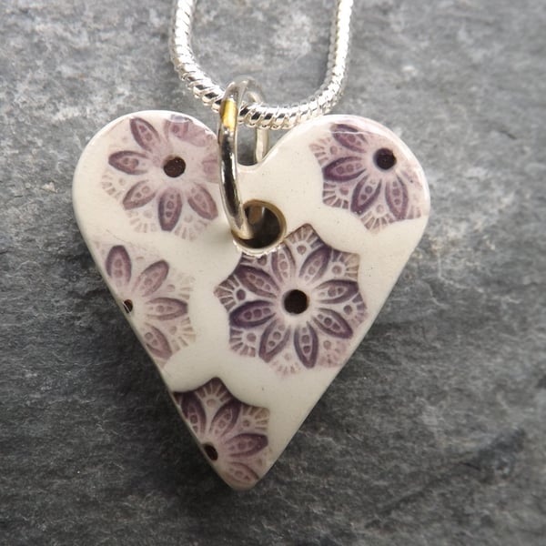 Handmade Ceramic Flower Heart Pendant in purple