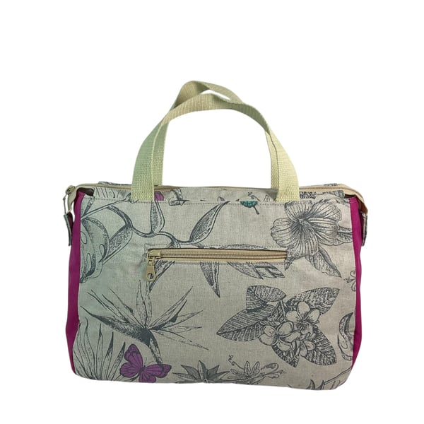 large toiletries bag made from butterfly fabric, with handles and pockets 