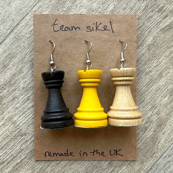 Castle Rook Earrings - Set of Three: Yellow, Black and Pale Wood - Upcycled