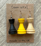 Upcycled Castle Rook Earrings - Set of Three: Yellow, Black and Pale Wood