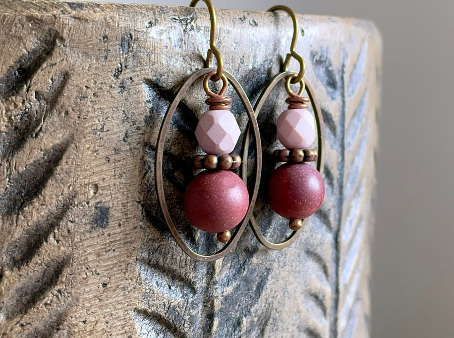 Mookaite & Czech Glass Earrings. Stacked Earrings. Antiqued Brass Earrings 