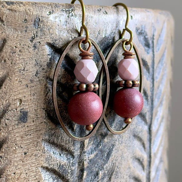 Mookaite & Czech Glass Earrings. Stacked Earrings. Antiqued Brass Earrings 