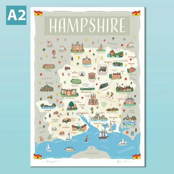 Hampshire illustrated map poster A2, New Forest