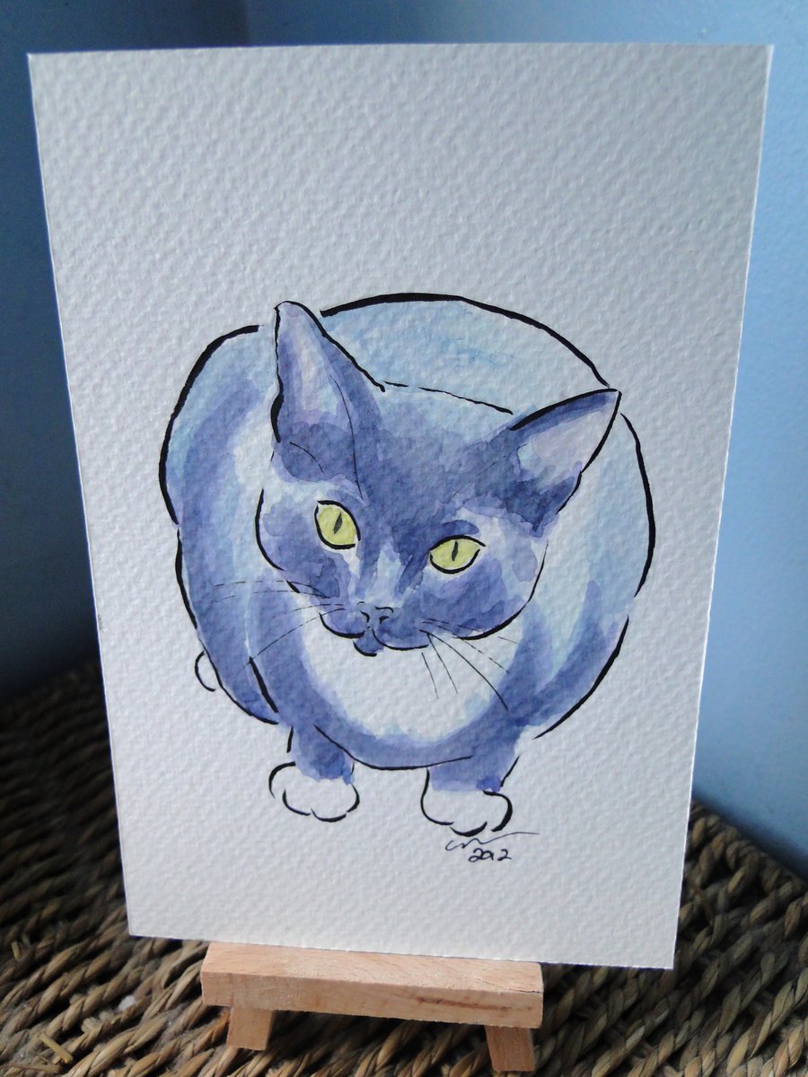 OSWOA  Cat Watch Original Watercolour & Ink Painting 4x6 OOAK