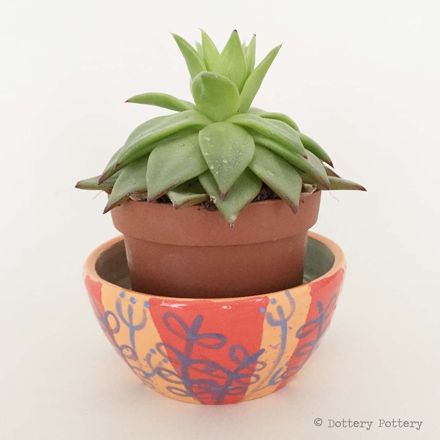 Handthrown small ceramic pot bold leaf design pottery bowl studio pottery