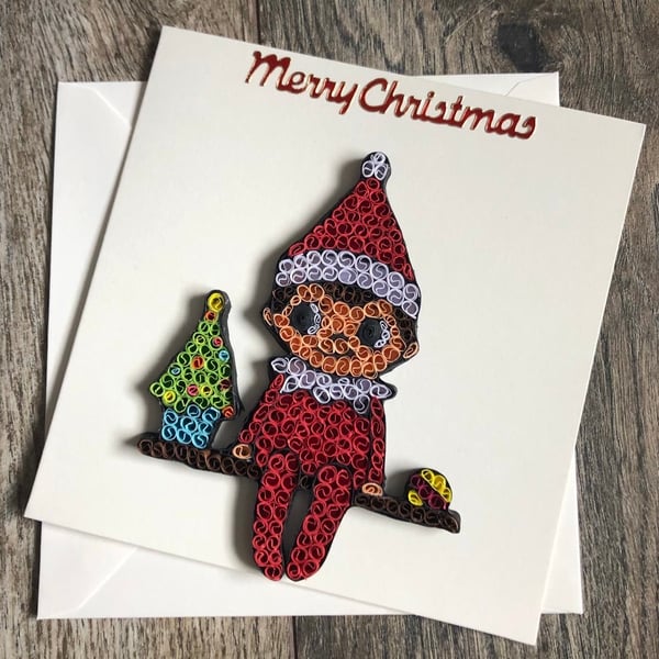 Stunning handmade quilled Elf on shelf Christmas card