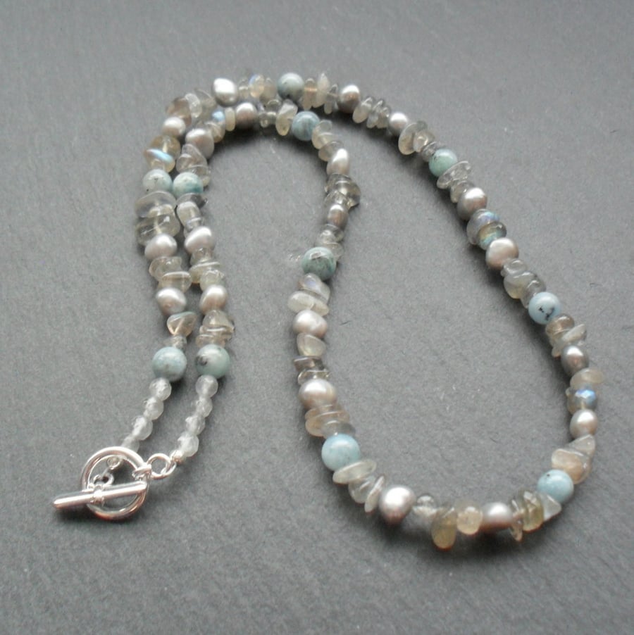 Natural Aquamarine Freshwater Pearls and Labradorite Beaded Necklace