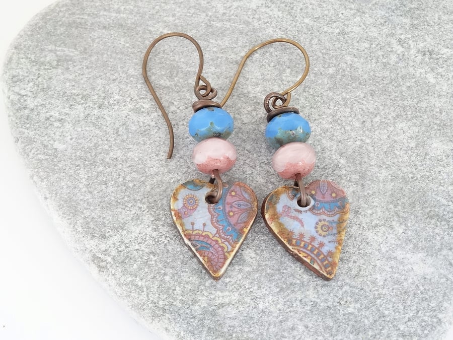Heart Earrings, Ceramic Earrings, Czech Glass , Pink Earrings, Blue Earrings.